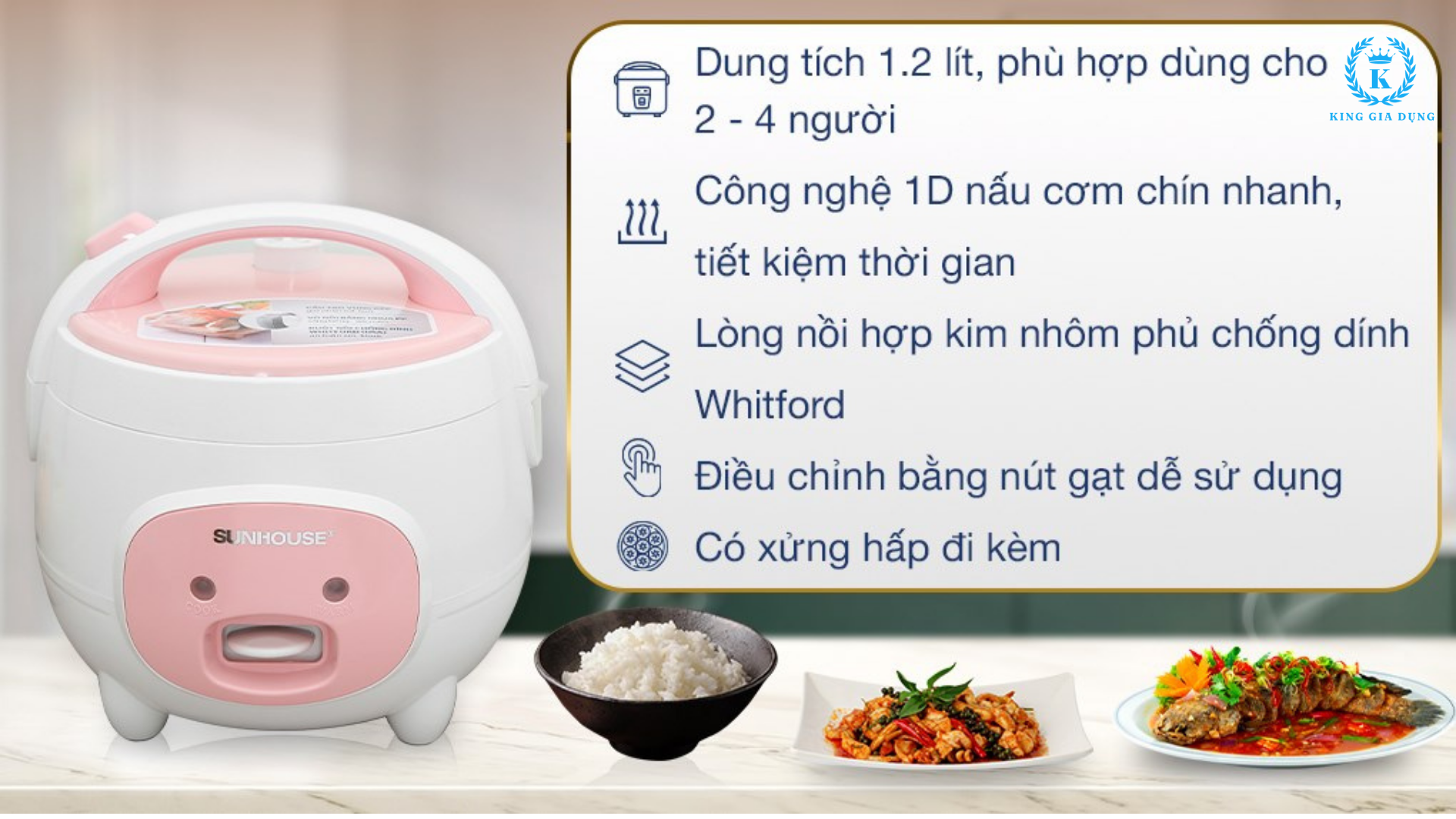 Nồi cơm điện 1.2L Sunhouse SHD8217W dung tích 1.2 lít